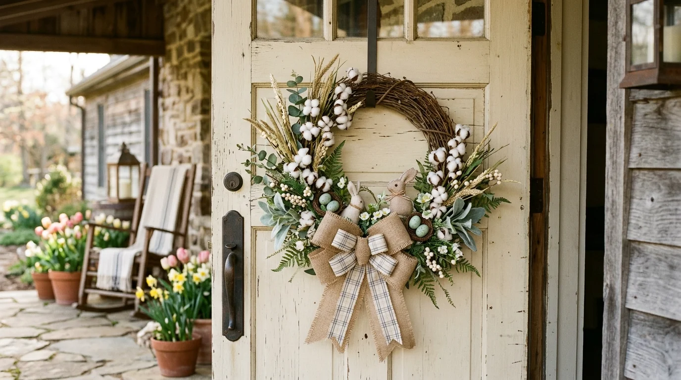 A farmhouse style wreath with cotton stems greenery and a burlap bow mounted on a wooden door warm soft lighting cozy rustic Easter charm no people