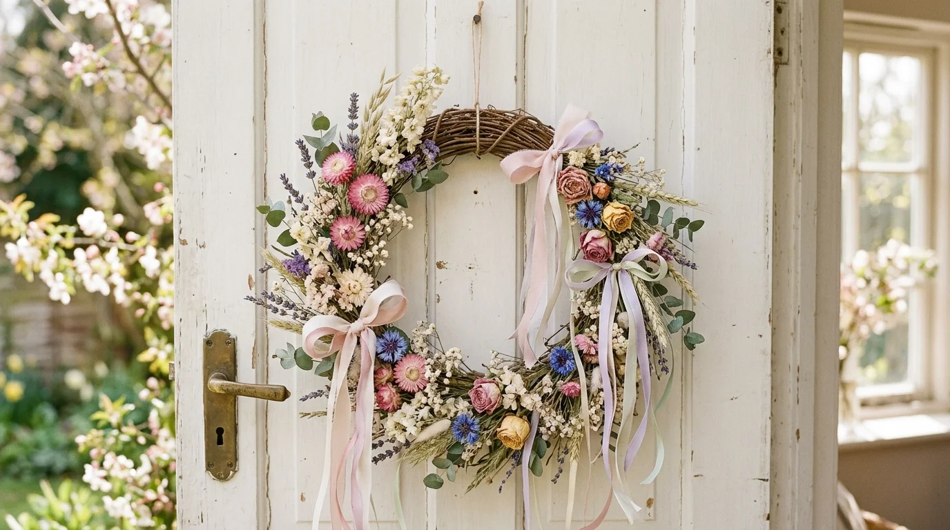 A wreath decorated with dried flowers pastel accents and delicate ribbons bright natural light soft romantic spring aesthetic no people