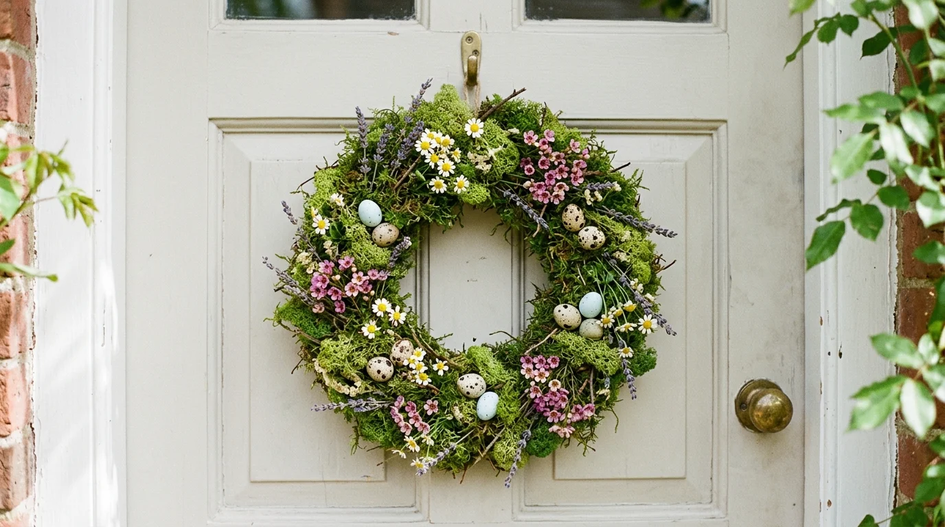A wreath made from moss and tiny flowers with subtle egg accents hung on a neutral door bright lighting earthy natural spring decor no people