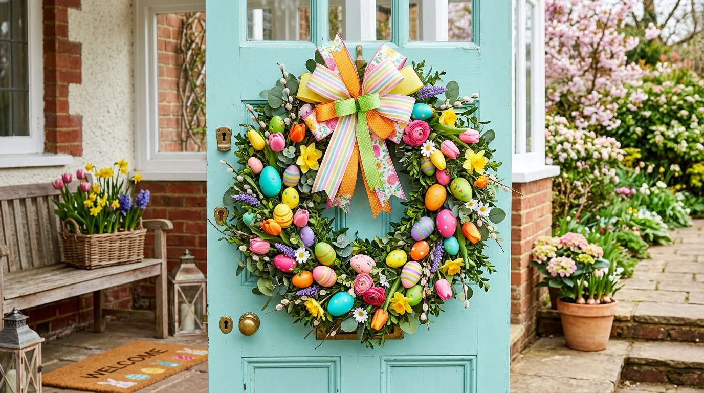 A vibrant wreath with bright colored eggs ribbons and florals creating a bold festive look bright daylight cheerful Easter entryway no people