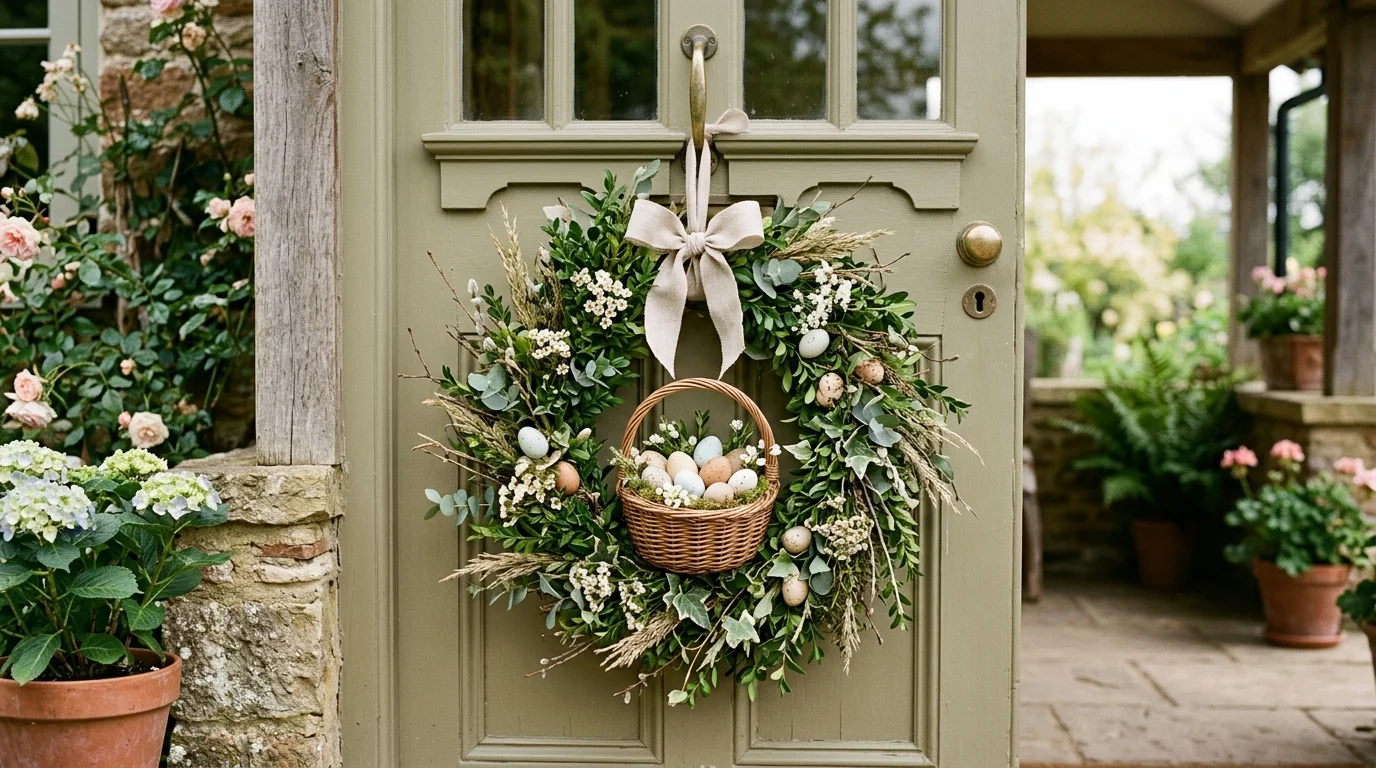 A wreath featuring a small basket design filled with eggs and greenery mounted on a front door soft natural light unique creative decor no people