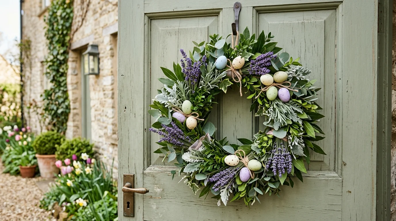 A wreath with layered greenery lavender sprigs and small decorative eggs soft lighting calming fragrant spring door decor no people