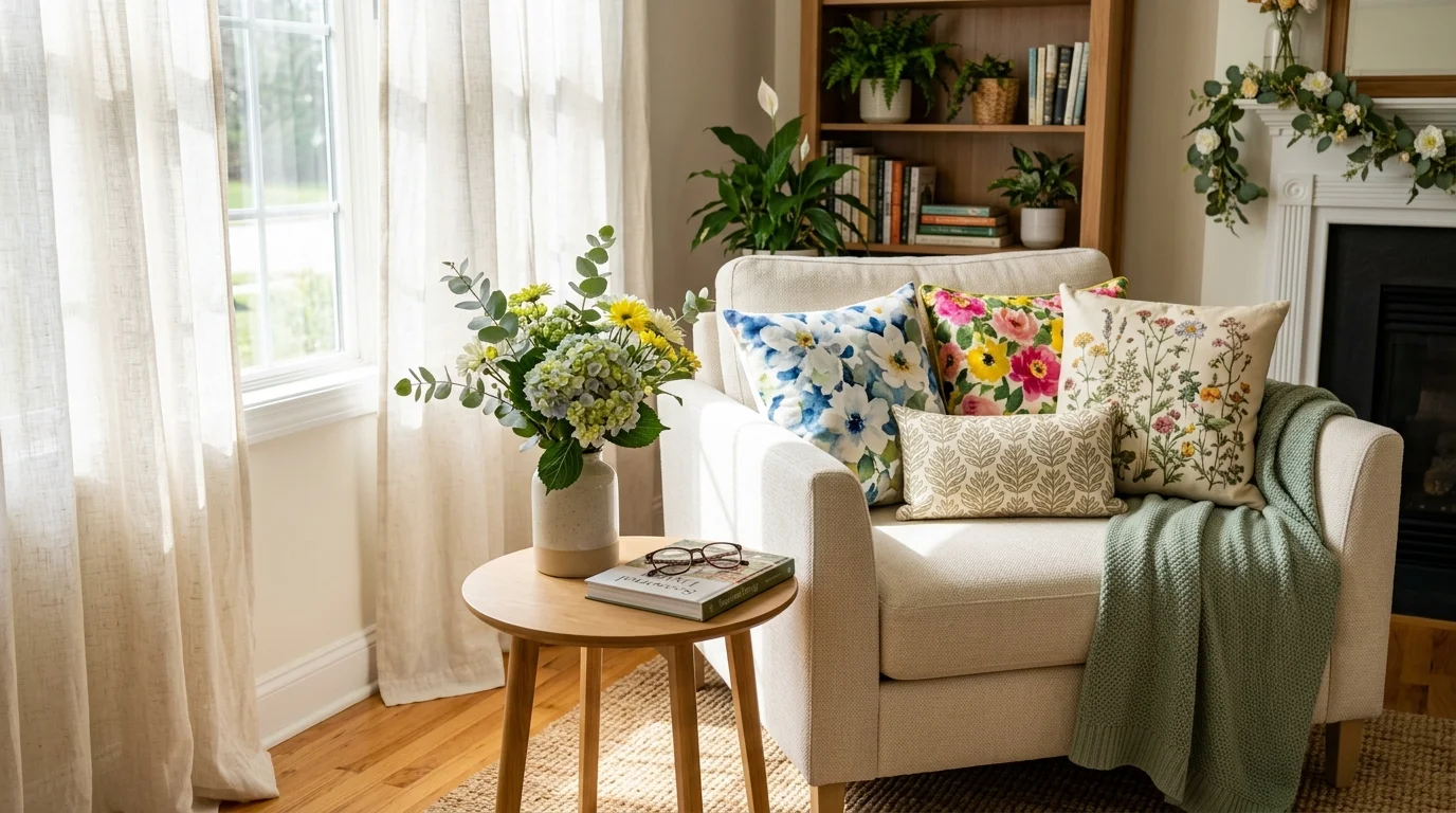 A space with floral throw pillows and light fabric curtains bright natural daylight refreshing seasonal decor no people