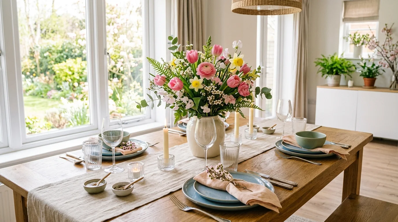 A dining table styled with a spring centerpiece of flowers greenery and soft colored tableware bright lighting cheerful renewal vibe no people