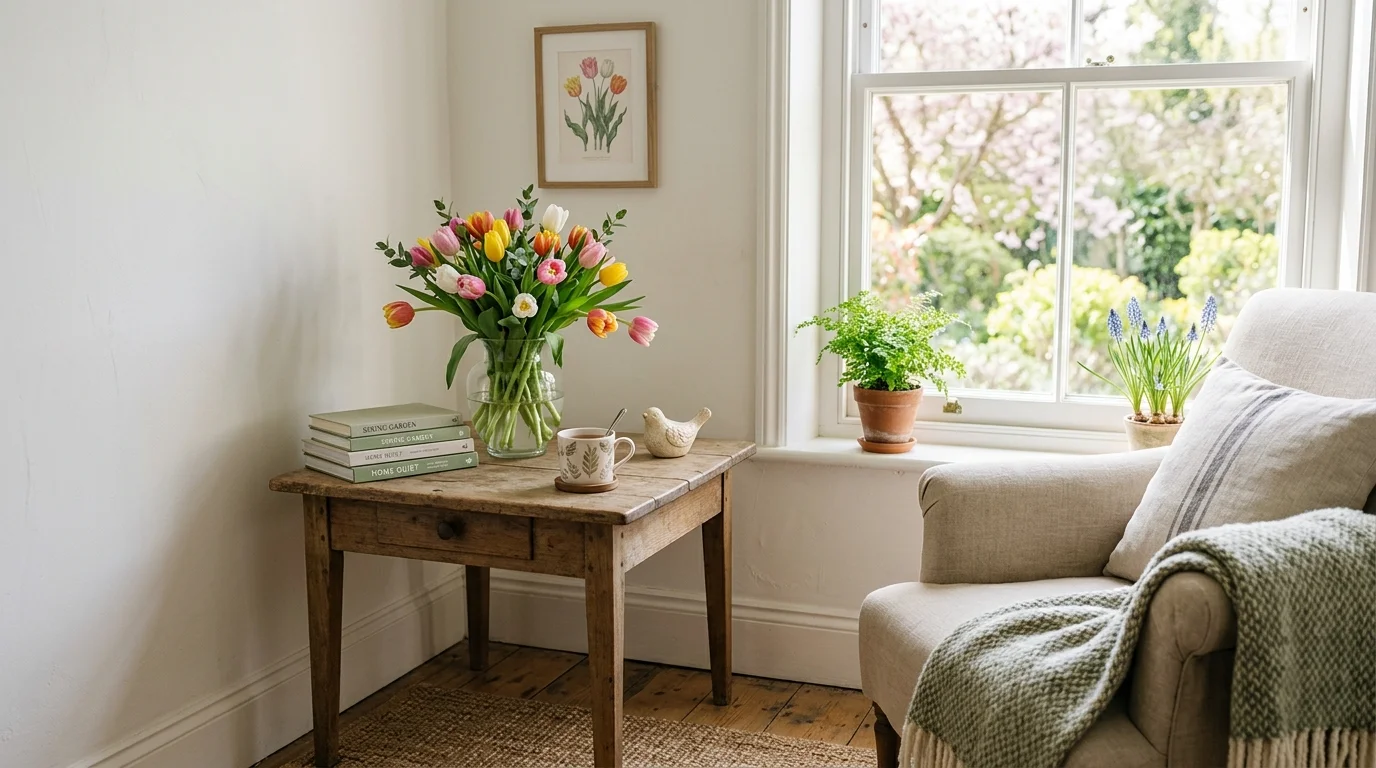 A cozy corner with a vase of tulips and simple decor bright natural light fresh spring feel no people