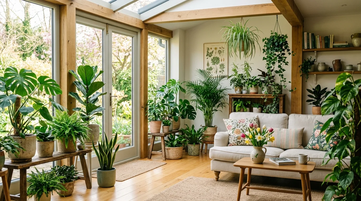 A space with greenery plants placed around the room bright natural light lively spring atmosphere no people