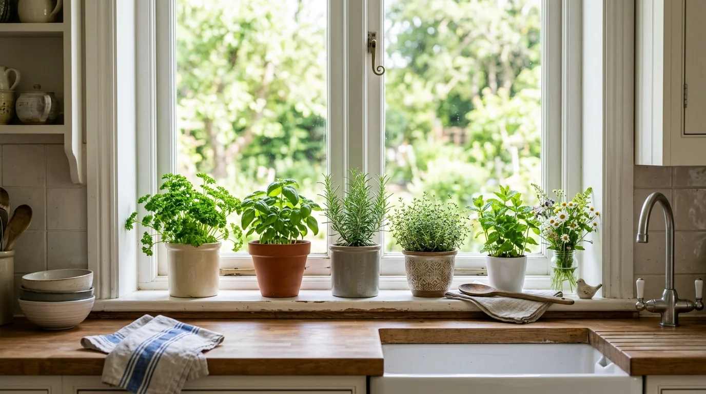 A kitchen with fresh herbs in small pots on a windowsill bright natural daylight simple seasonal touch no people