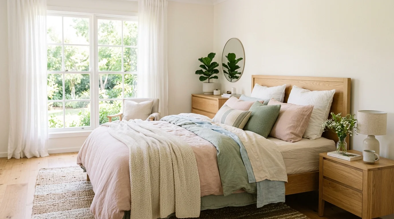 A bedroom with light pastel bedding and soft textures bright natural light calm refreshing environment no people