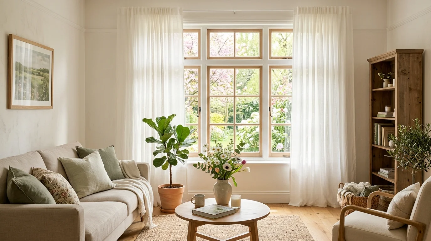 A room with sheer curtains allowing sunlight to filter in bright natural daylight airy spring design no people