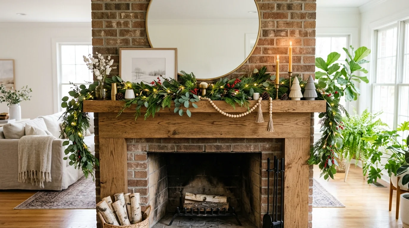 A mantel decorated with fresh greenery and light decor bright lighting subtle seasonal styling no people