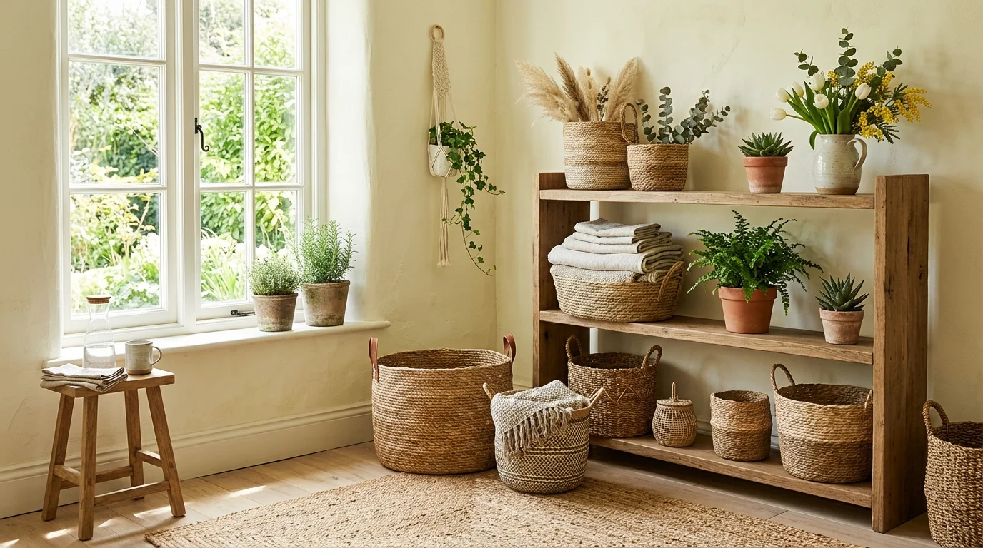 A space with woven baskets and natural textures bright natural light earthy spring refresh no people