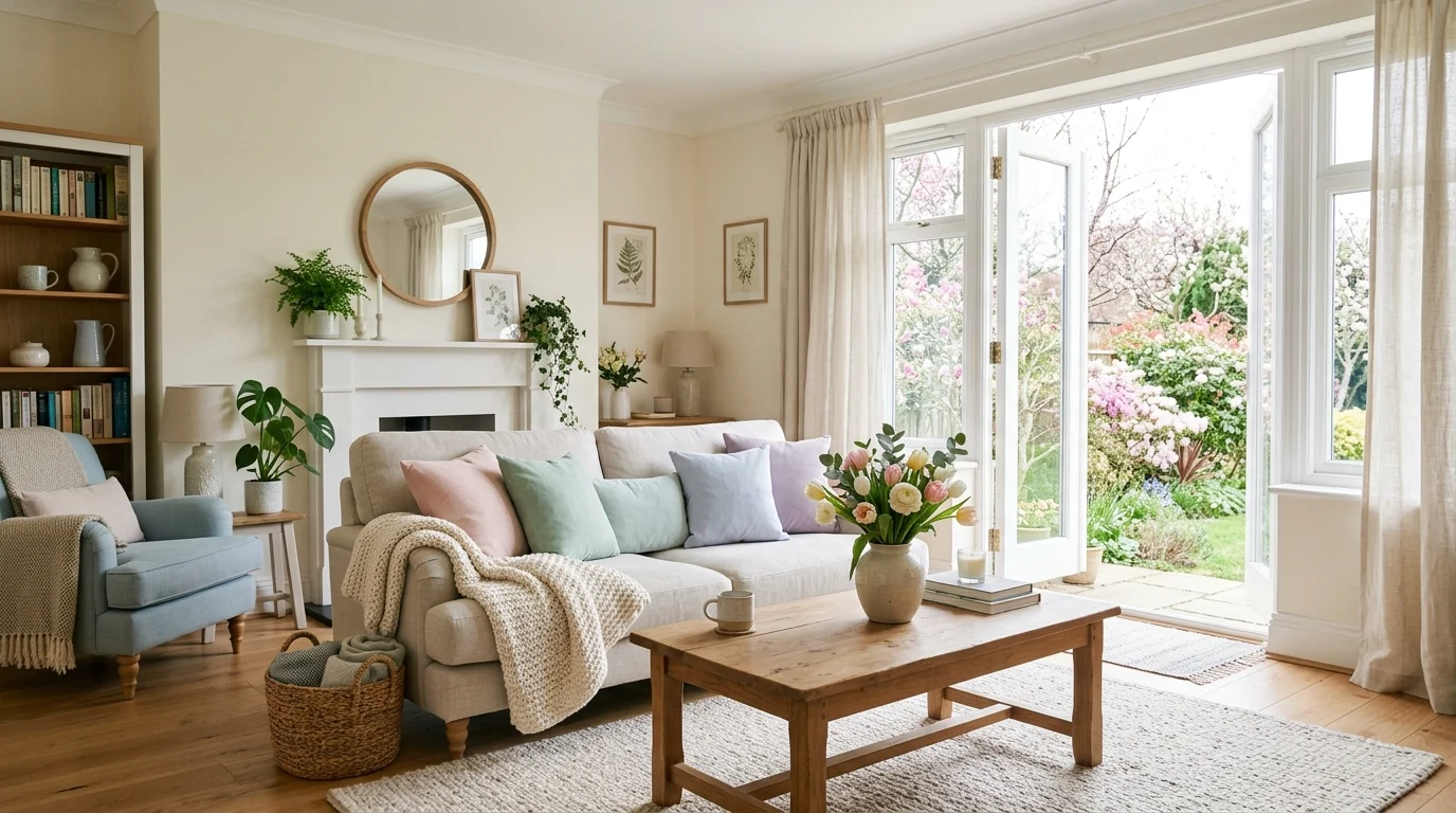 A living room with soft pastel accents and simple decor bright natural daylight gentle seasonal transition no people