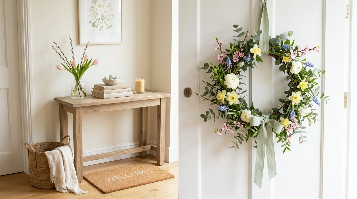 A fresh spring setup with floral wreath and light decor elements bright natural light welcoming seasonal renewal no people