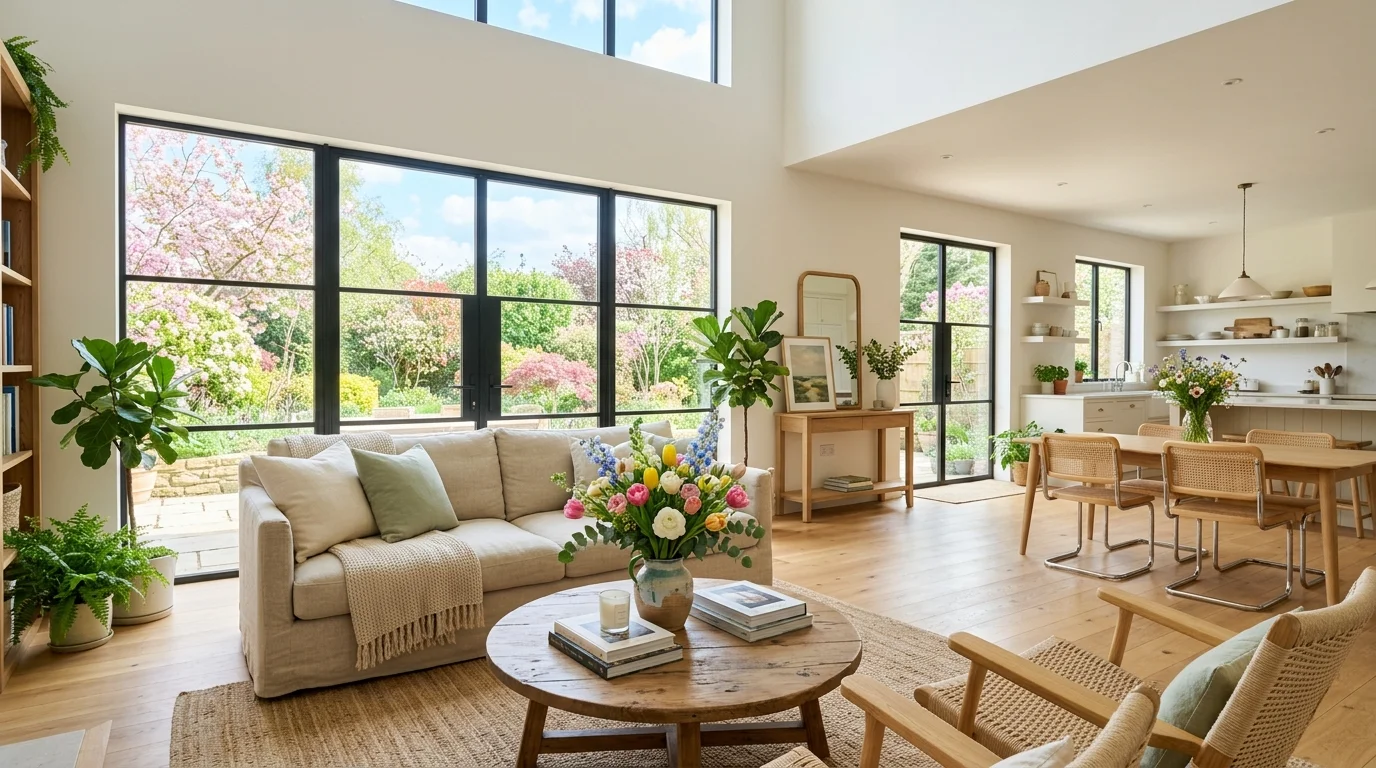 A bright open space with neutral tones and pops of color from flowers bright natural daylight uplifting spring ambiance no people