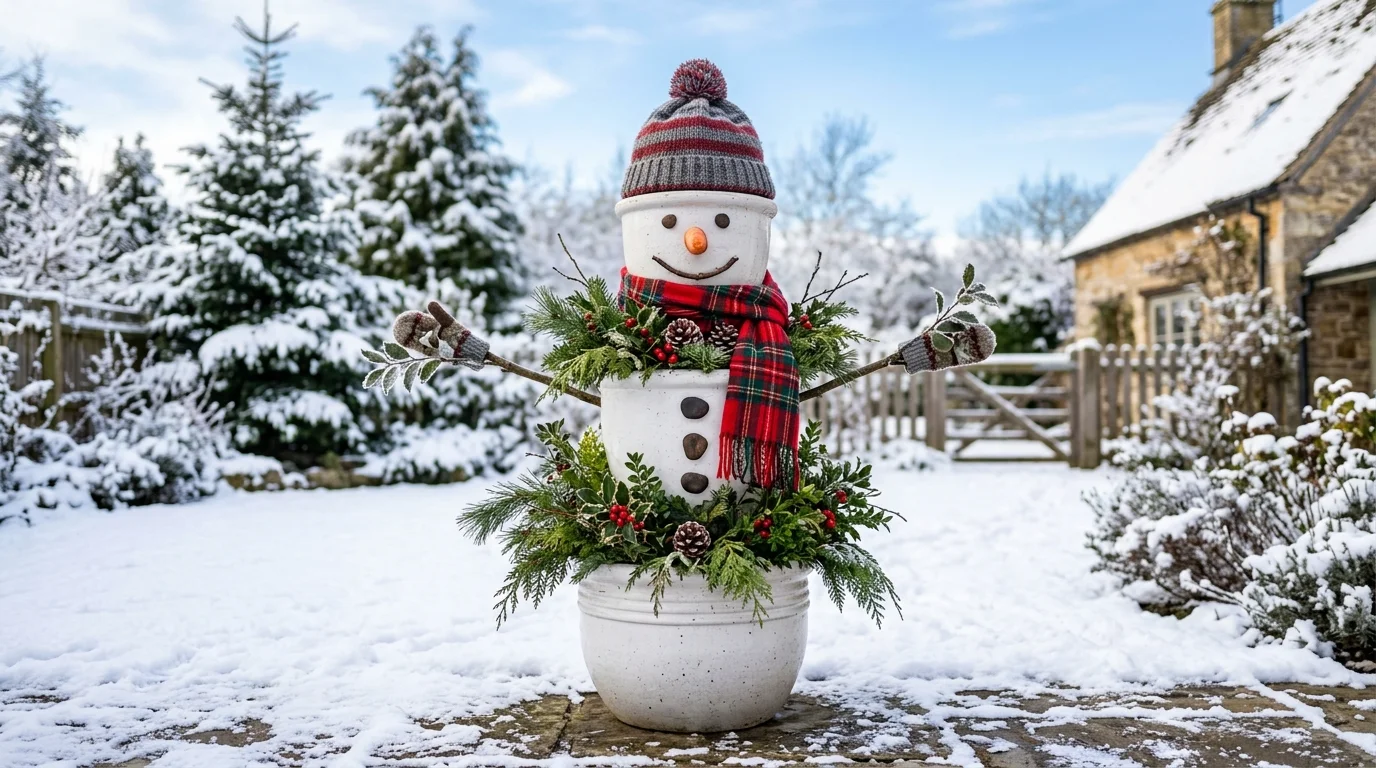 A snowman crafted from three white planters stacked with greenery and a carrot nose bright natural daylight creative outdoor winter display no people