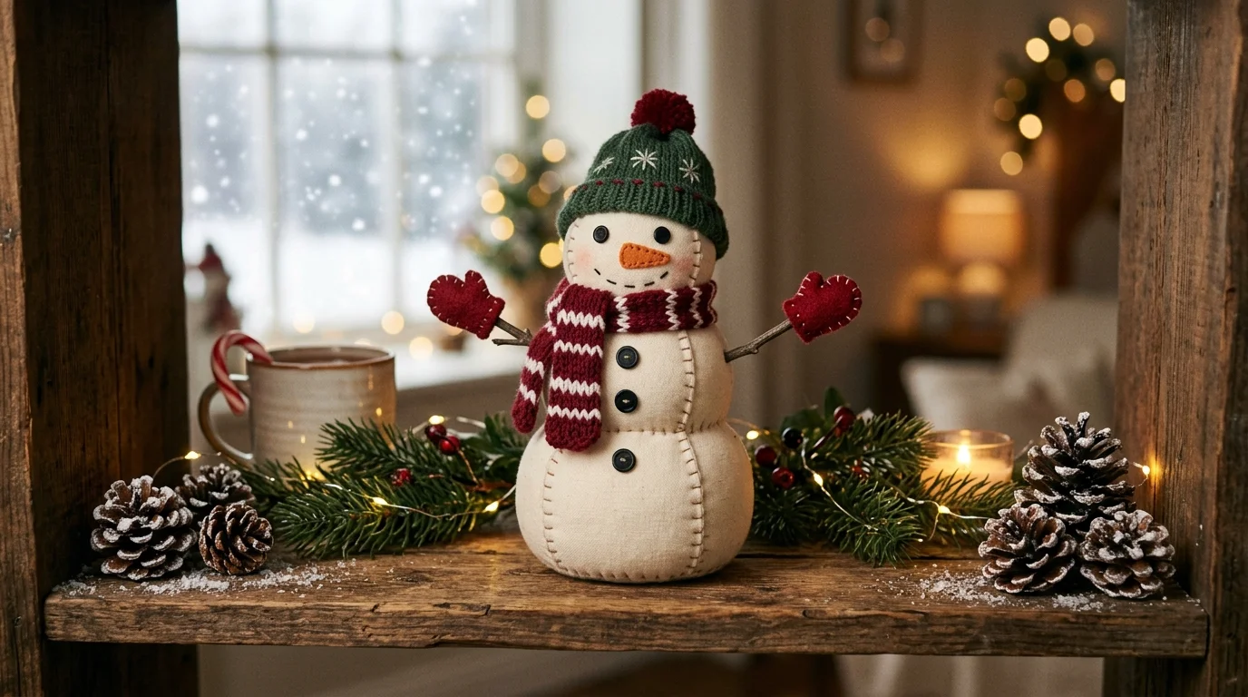 A cozy snowman made from fabric stuffed shapes with stitched details placed on a shelf warm soft lighting handmade winter charm no people