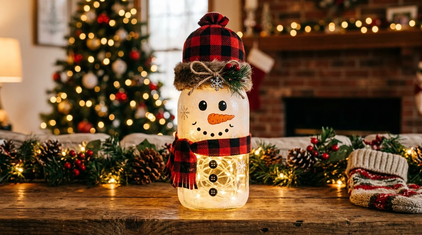 A mason jar snowman with painted face and string lights inside glowing softly warm ambient lighting festive indoor decor no people