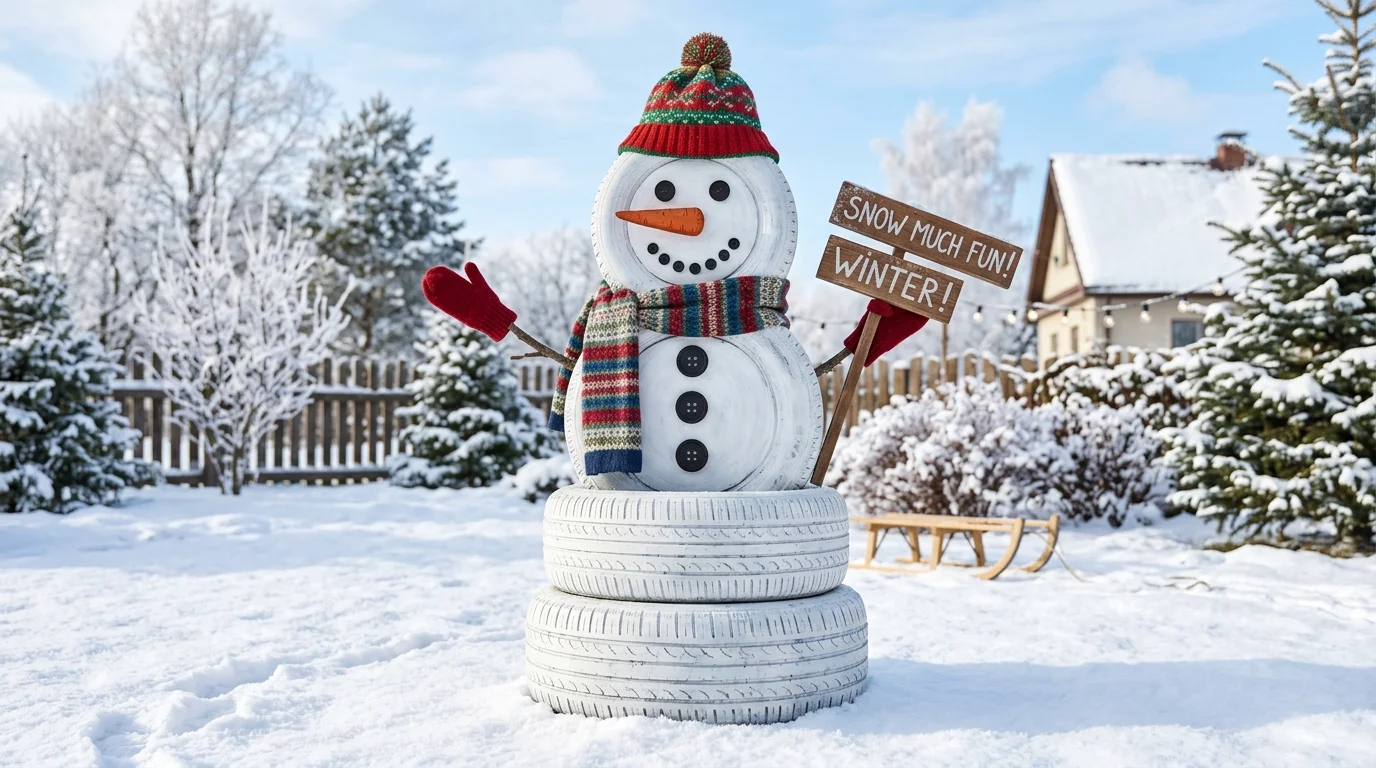 A snowman made from repurposed tires painted white stacked outdoors bright daylight playful winter yard decor no people
