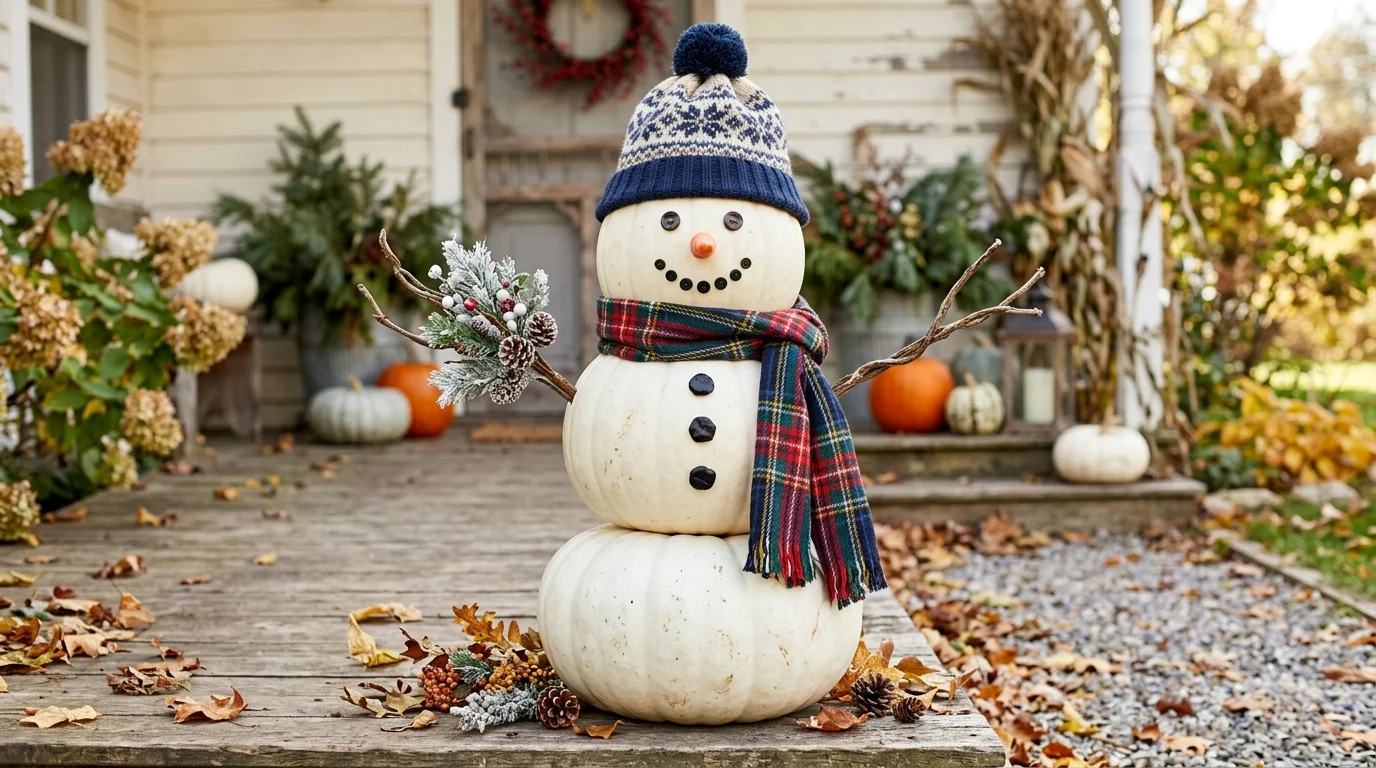A snowman created from white pumpkins stacked with a scarf and hat bright natural light seasonal DIY decoration no people