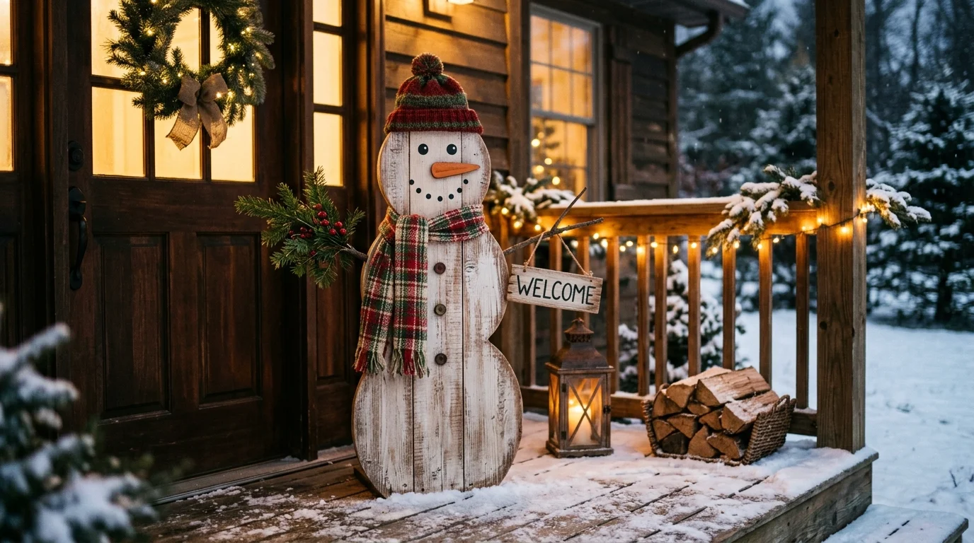 A wooden plank snowman with painted face and simple details placed on a porch warm lighting rustic winter charm no people