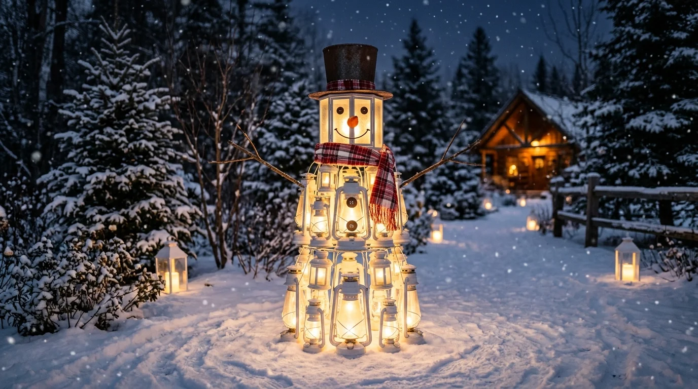 A snowman made from white lanterns stacked together glowing from within soft lighting elegant winter display no people