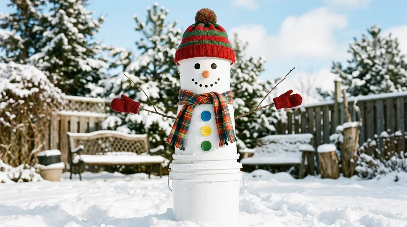 A DIY snowman using stacked buckets painted white with decorative accents bright daylight fun creative outdoor decor no people
