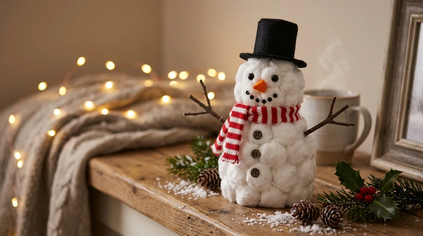 A small tabletop snowman made from cotton balls and craft materials warm lighting cute cozy winter accent no people