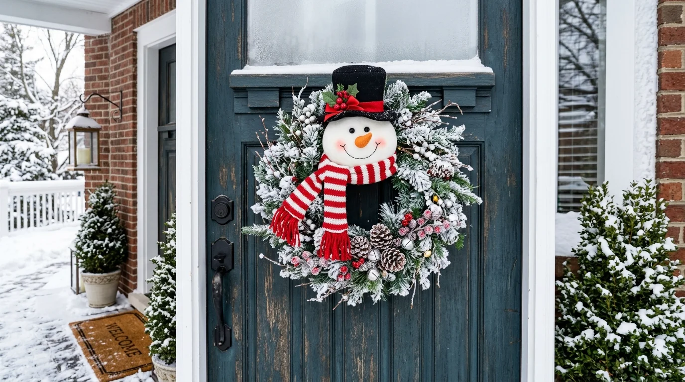 A snowman wreath featuring a face and scarf hung on a door bright natural daylight cheerful winter welcome no people