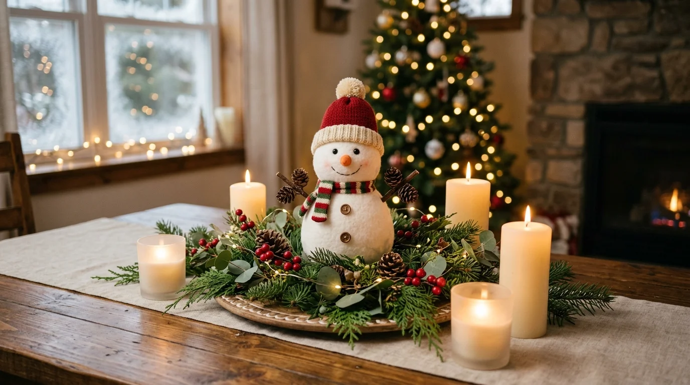 A snowman centerpiece with candles and winter greenery arranged on a table soft lighting charming seasonal decor no people