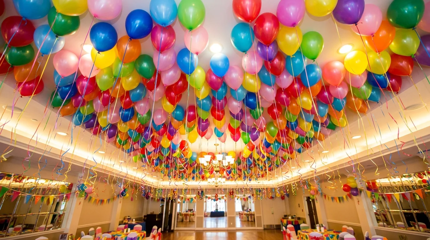 A ceiling filled with floating balloons in various colors tied with ribbons hanging down bright lighting playful lively party decor no people