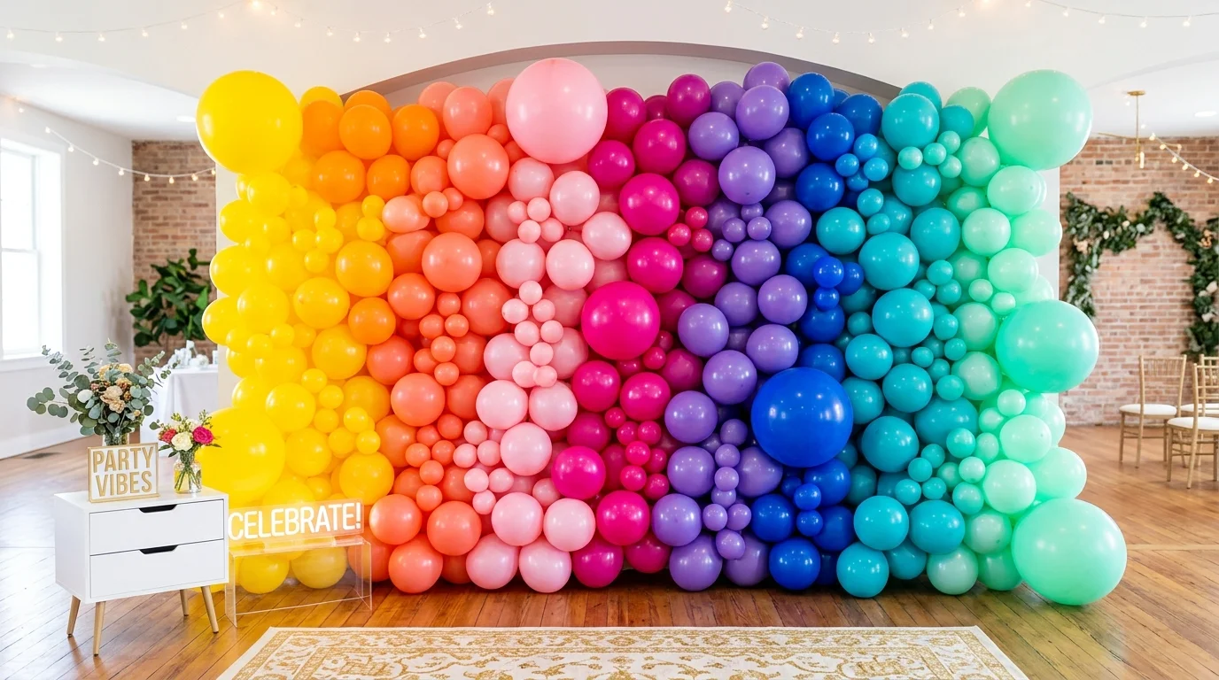 A balloon wall backdrop with coordinated colors arranged in a gradient pattern bright lighting eye catching party feature no people