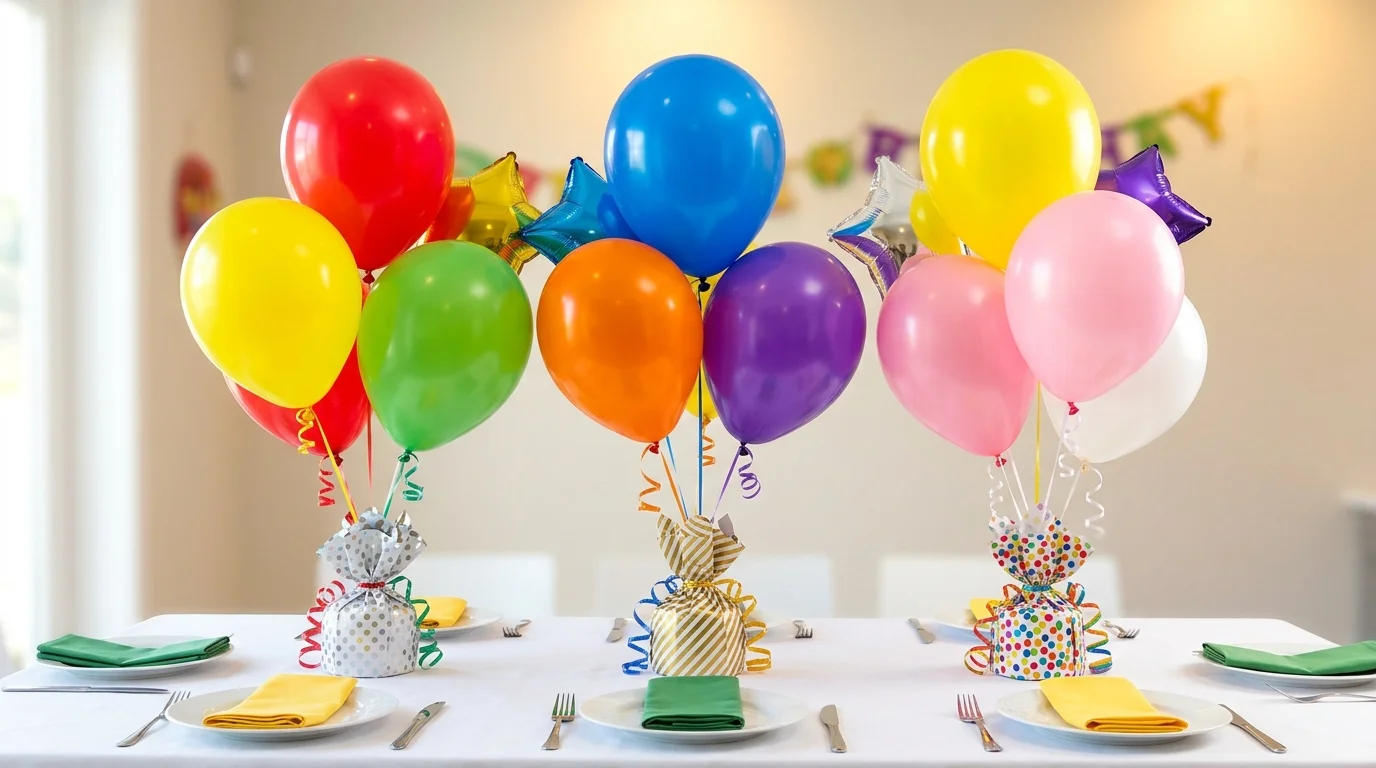 A table centerpiece with balloons attached to weighted bases arranged in clusters bright lighting simple festive table decor no people