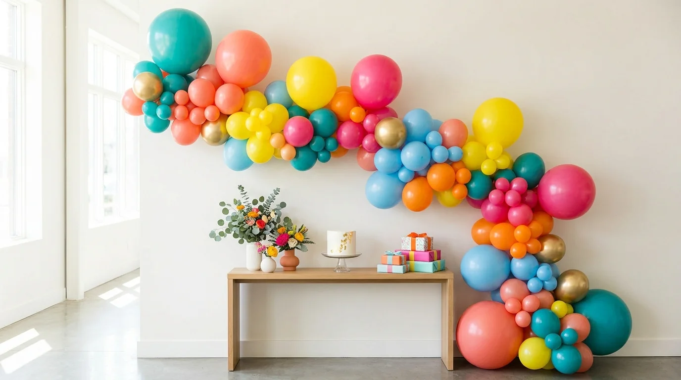 A balloon garland draped along a wall with mixed sizes and colors creating a dynamic display bright lighting modern party styling no people