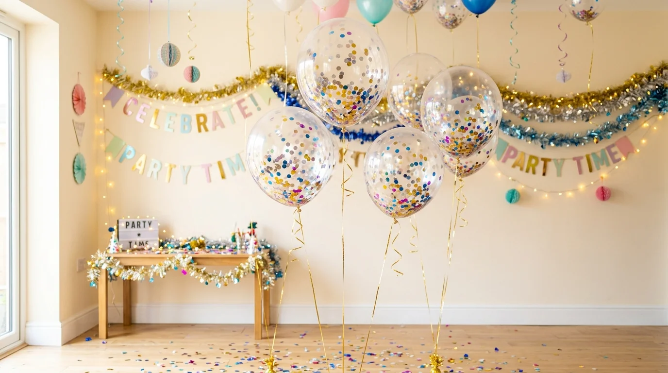 A set of transparent balloons filled with confetti floating in a decorated room bright lighting fun sparkling party vibe no people