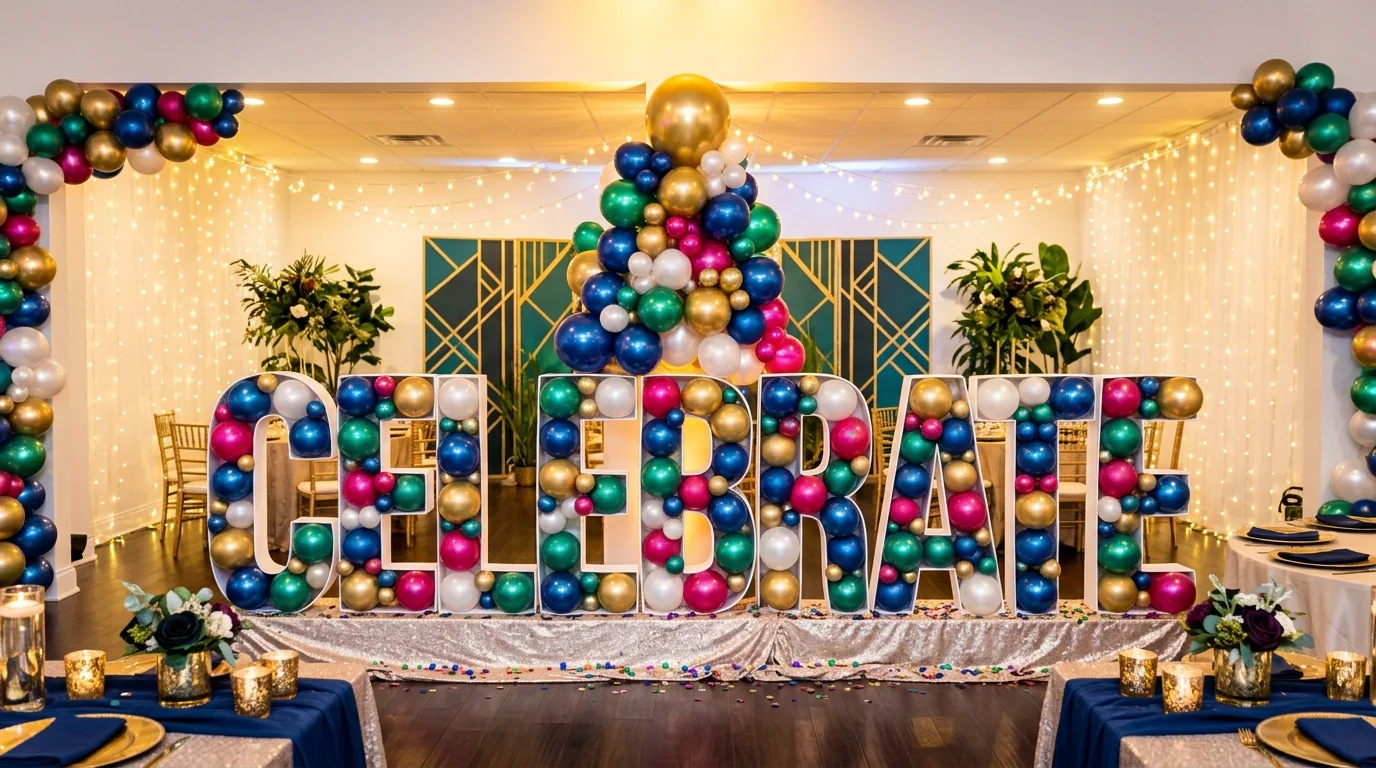 A balloon installation shaped into a number or word centerpiece bright lighting bold personalized celebration decor no people