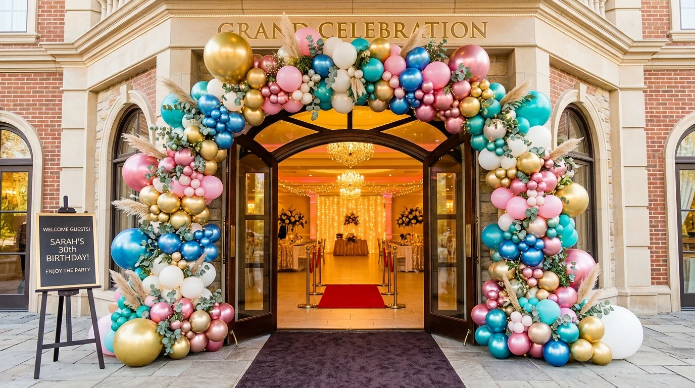 A balloon arch at an entrance welcoming guests into a party space bright lighting grand festive entryway no people