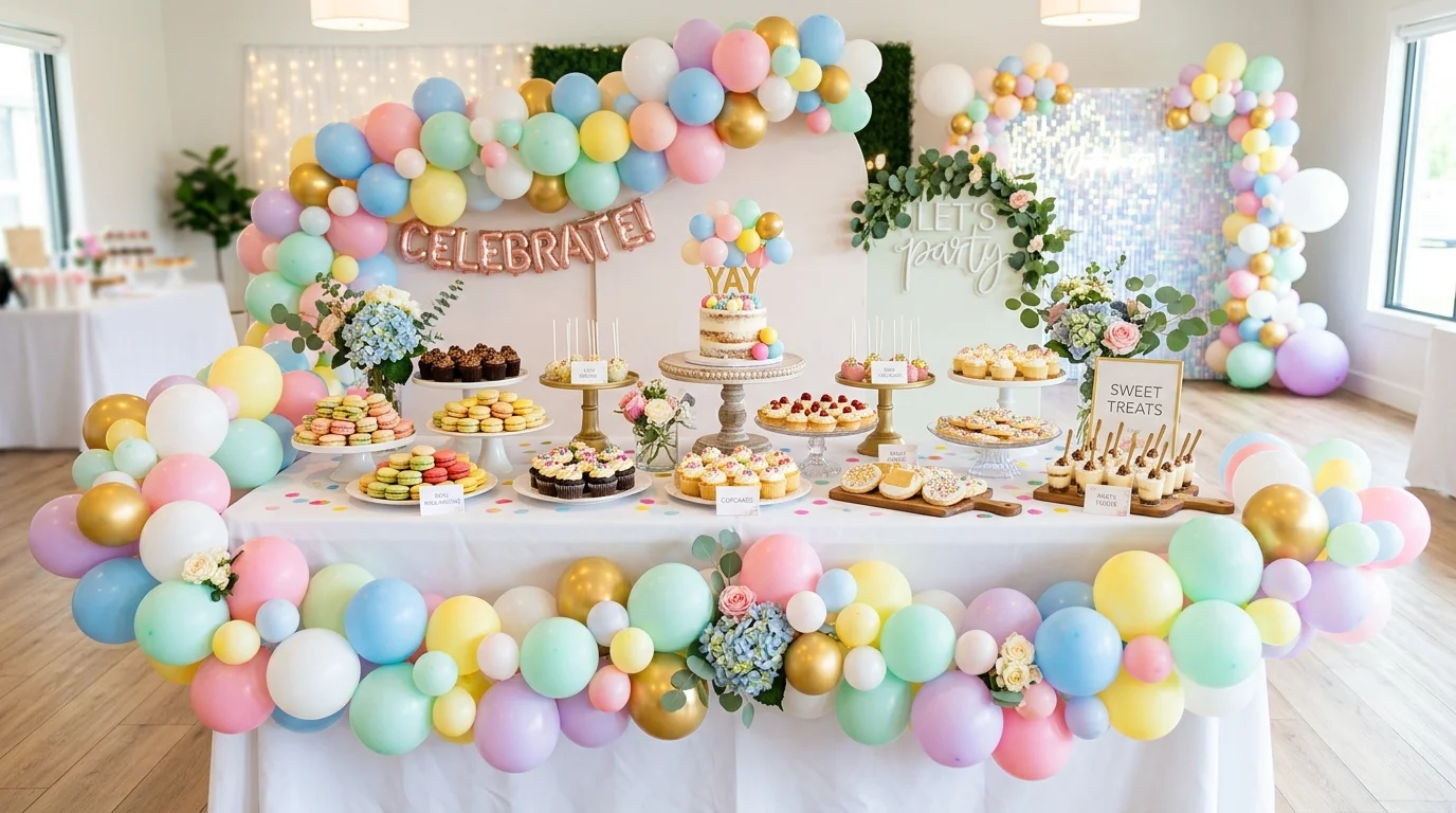 A dessert table with mini balloon decorations attached around it bright lighting cohesive playful design no people