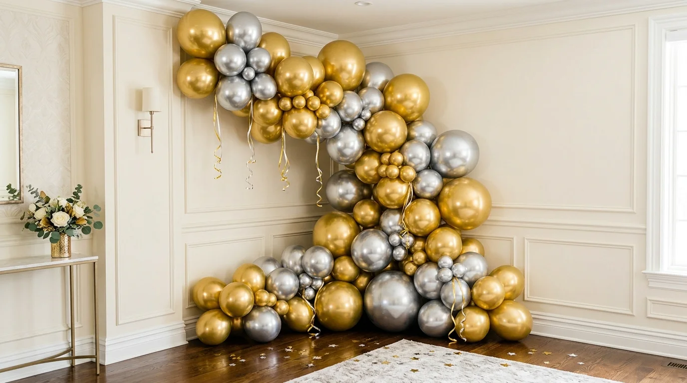 A bunch of metallic balloons in gold and silver arranged in a corner bright lighting elegant festive look no people