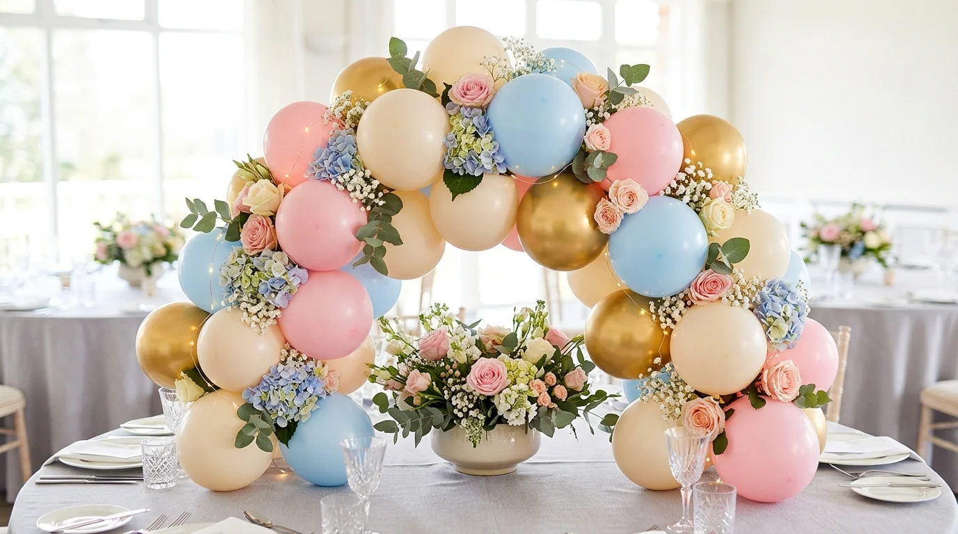 A balloon centerpiece combined with flowers arranged on a table bright lighting creative decorative mix no people