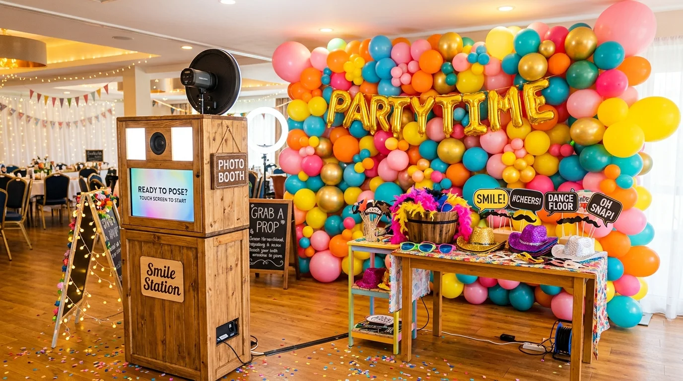 A photo booth area with balloon backdrop in bright colors bright lighting fun interactive party setup no people