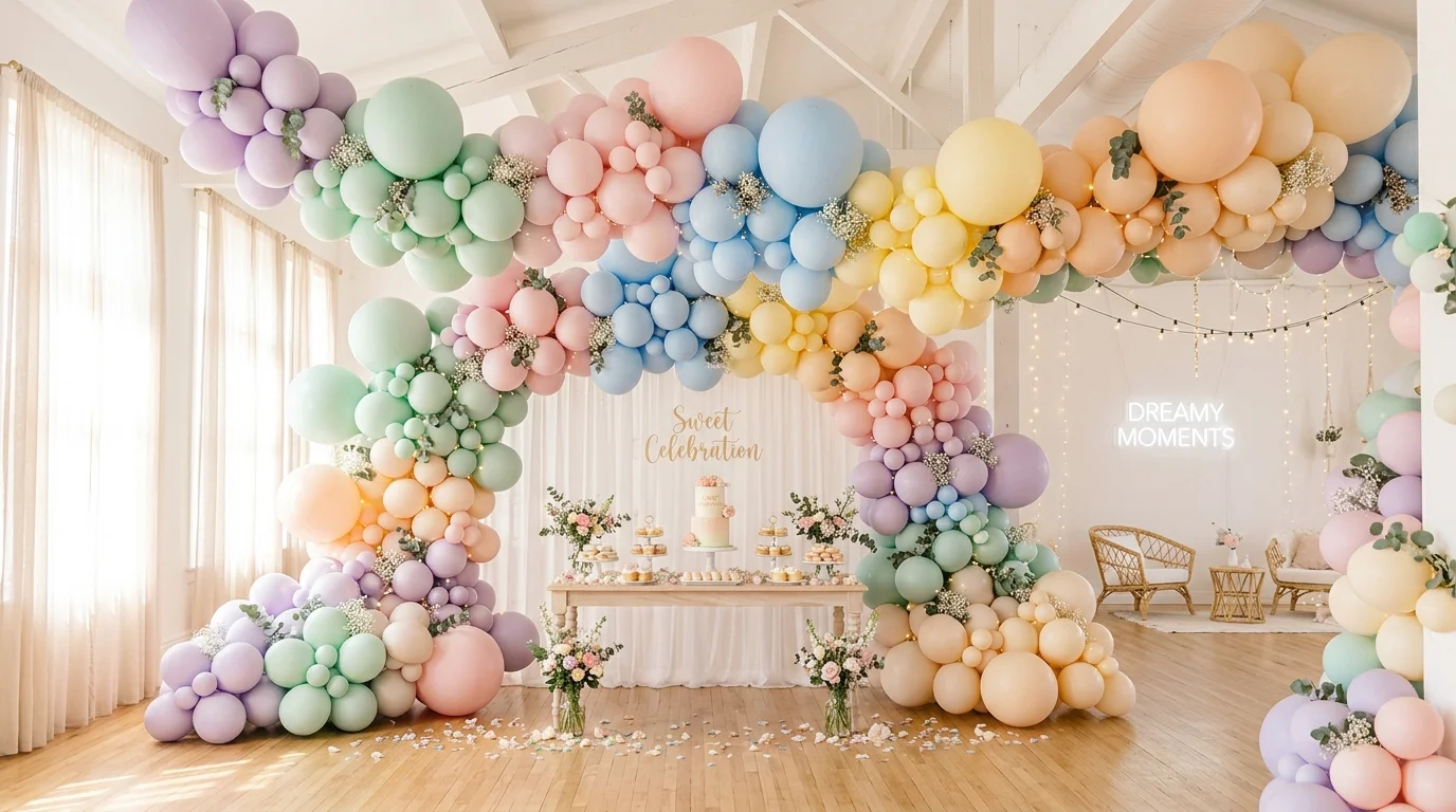 A balloon installation with pastel tones creating a soft themed party environment bright lighting dreamy festive atmosphere no people