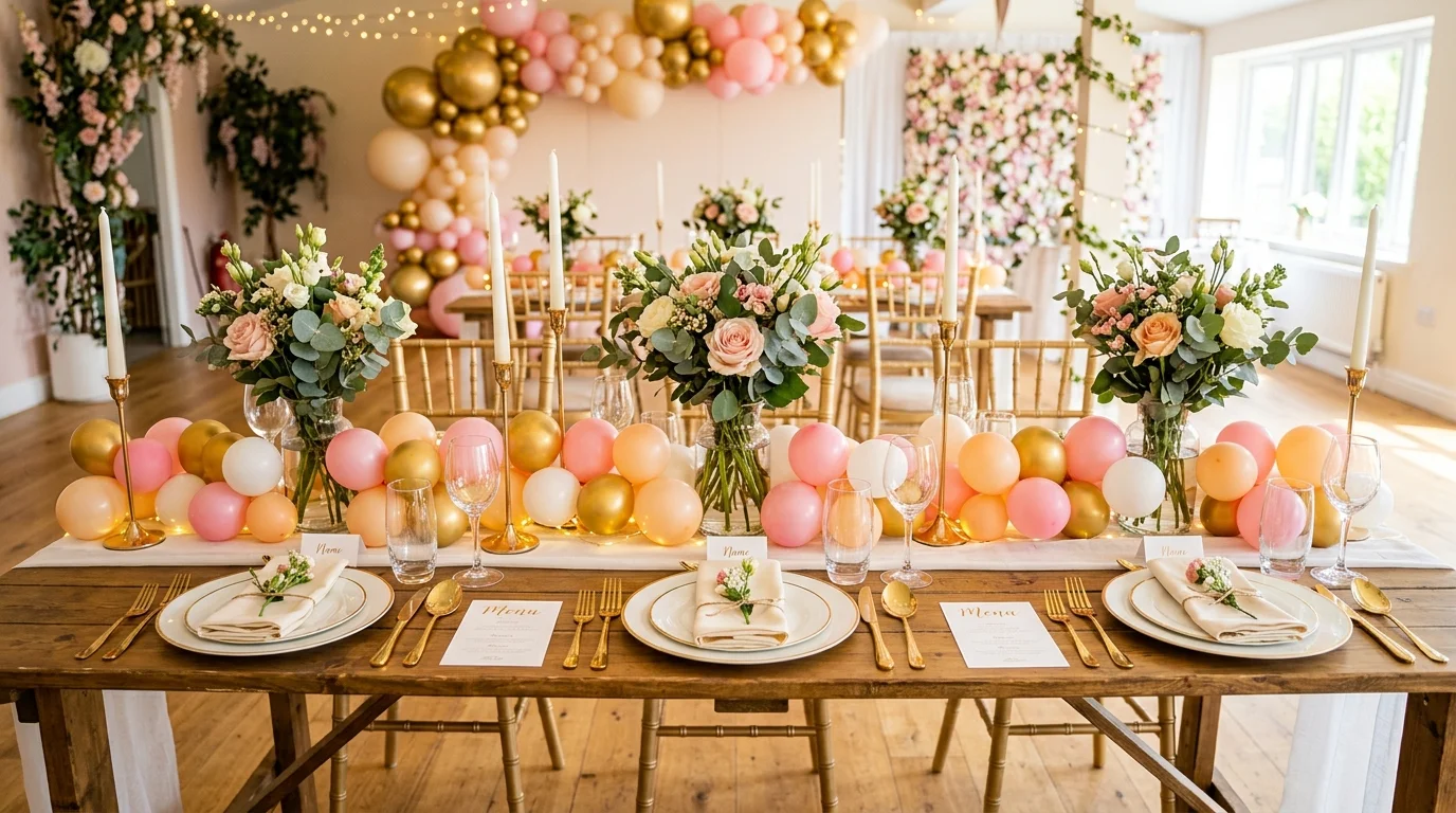 A table decorated with small balloons placed around plates and centerpieces bright lighting charming detailed party decor no people