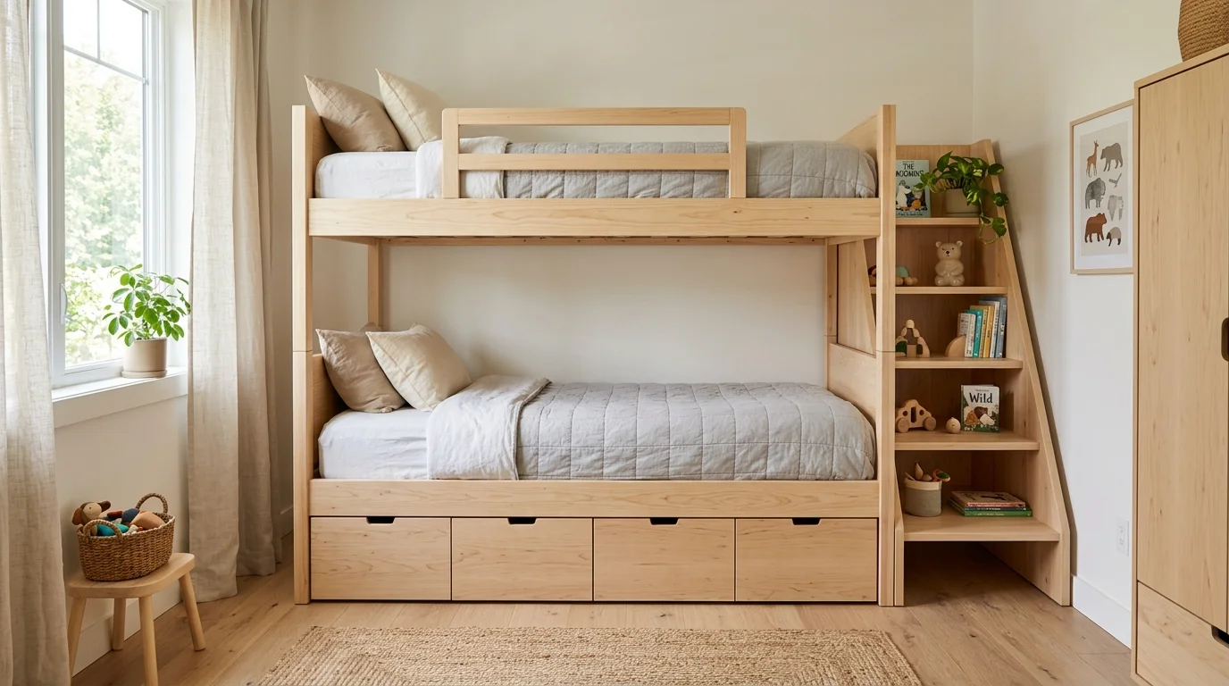 A minimalist wooden bunk bed with clean Scandinavian design, neutral tones, integrated storage drawers, and ladder shelving, bright natural daylight, calm organized kids’ room, no people