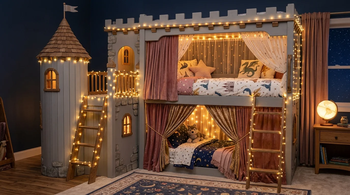 A castle-themed bunk bed with turret details, soft fairy lights, curtains for privacy, and whimsical bedding, magical bedtime atmosphere, warm lighting, no people