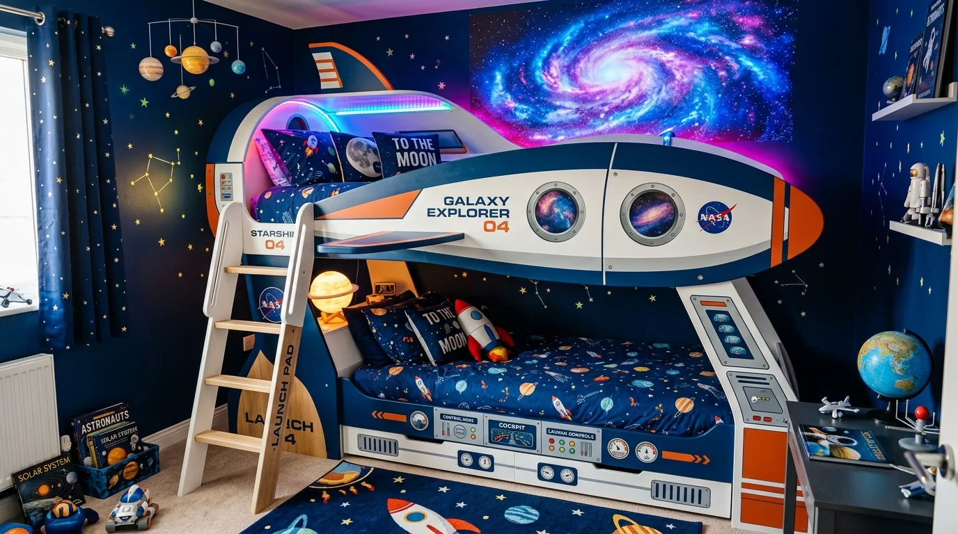A space-themed bunk bed with rocket ship design, star decals, LED galaxy lighting, and deep blue bedding, futuristic kids’ room vibe, no people