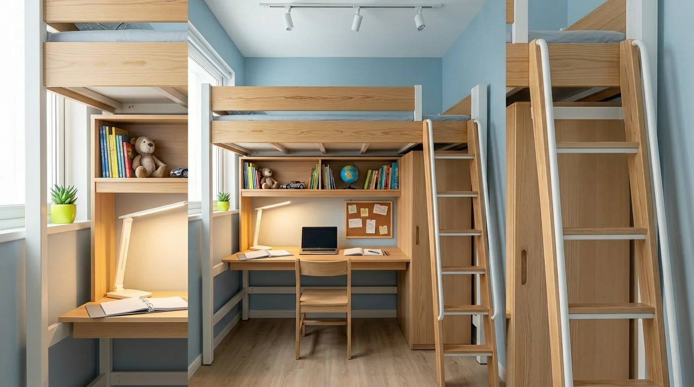 A loft-style bunk bed with desk area underneath, study lamp, shelves for books and toys, and compact space-saving design, bright functional lighting, no people