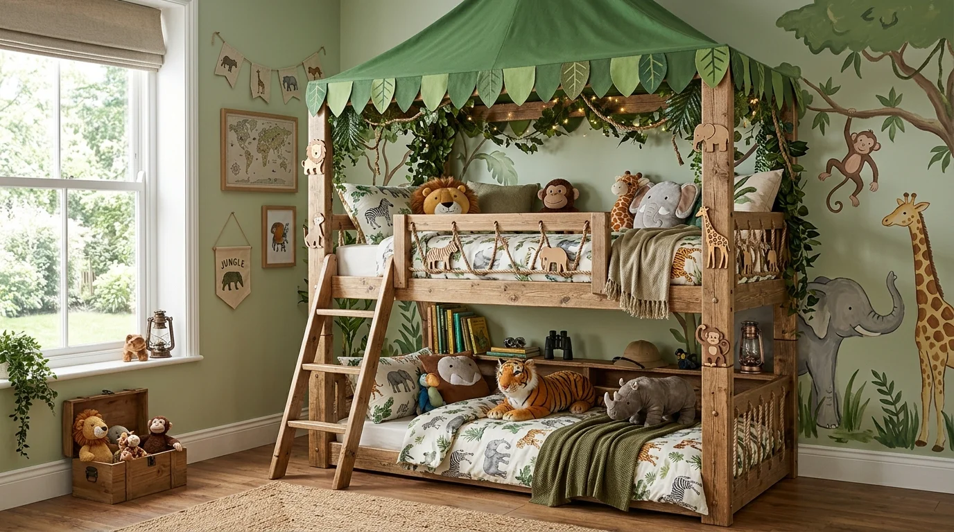 A jungle safari bunk bed with green canopy accents, animal-themed decor, wooden textures, and playful adventure vibe, soft natural light, no people