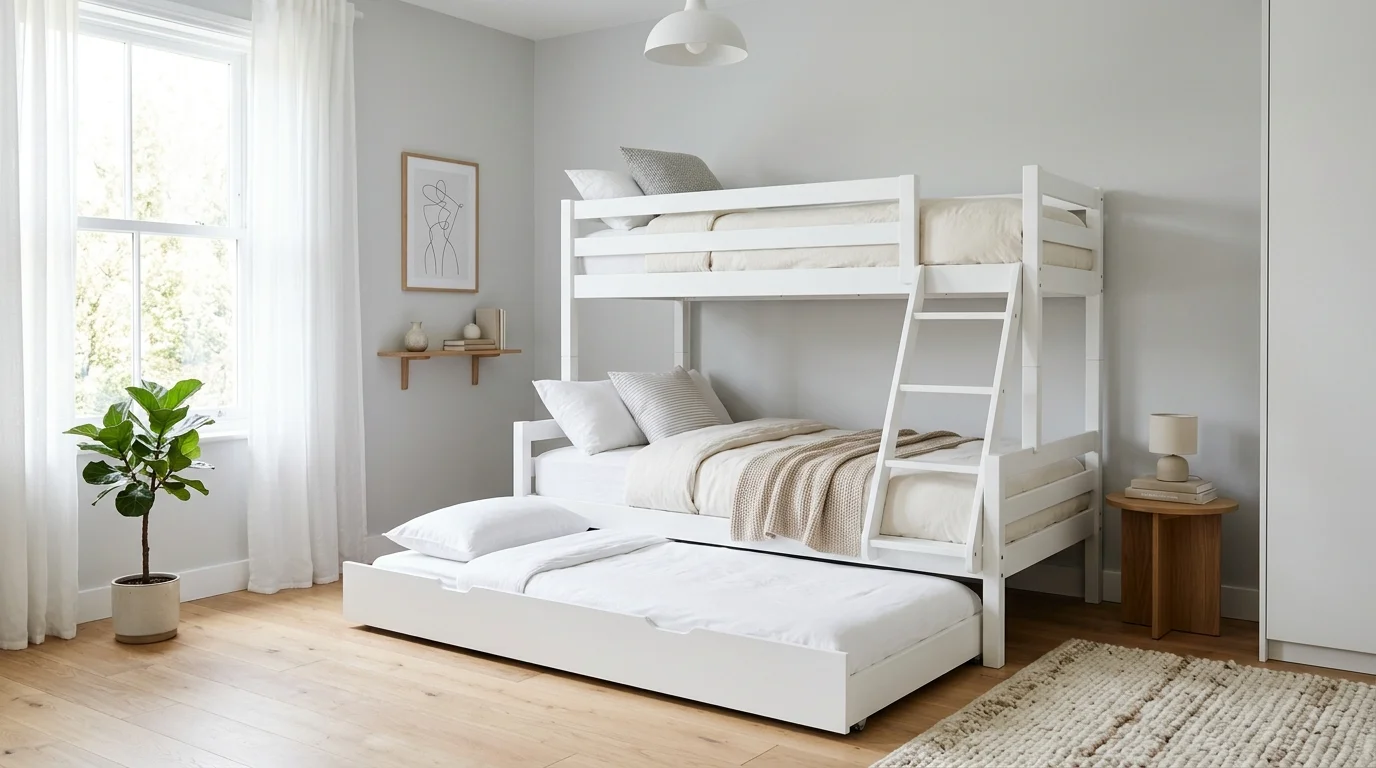 A modern white bunk bed with slide-out trundle bed for sleepovers, minimalist decor, soft neutral palette, airy bright bedroom, no people