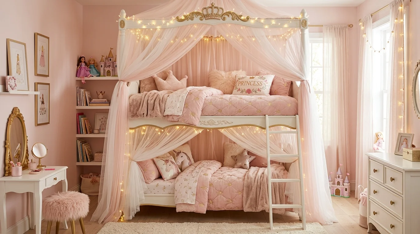 A princess-themed bunk bed with canopy drapes, pink and gold accents, soft plush bedding, and fairy lights, dreamy romantic kids’ room, no people