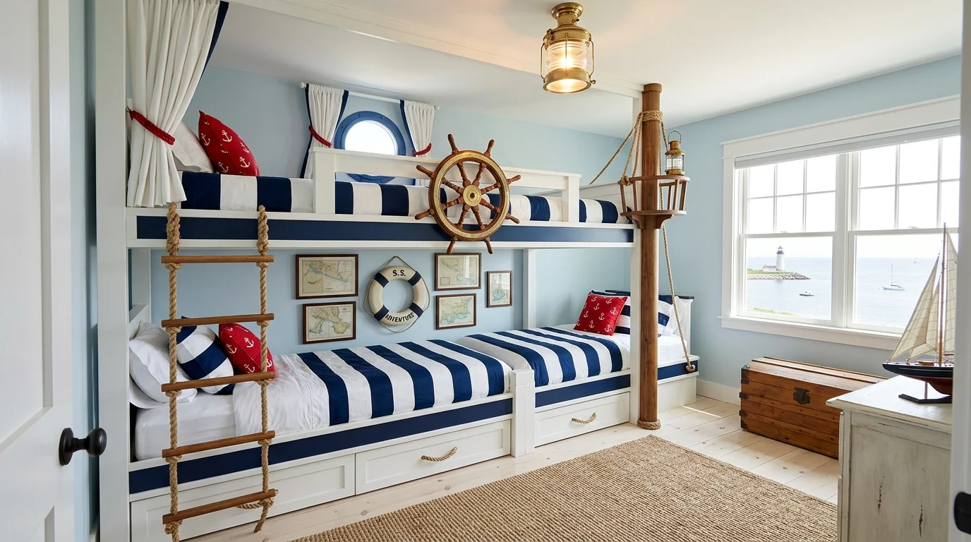 A nautical bunk bed design with navy and white stripes, rope ladder, ship wheel decor, and coastal theme styling, bright seaside-inspired lighting, no people